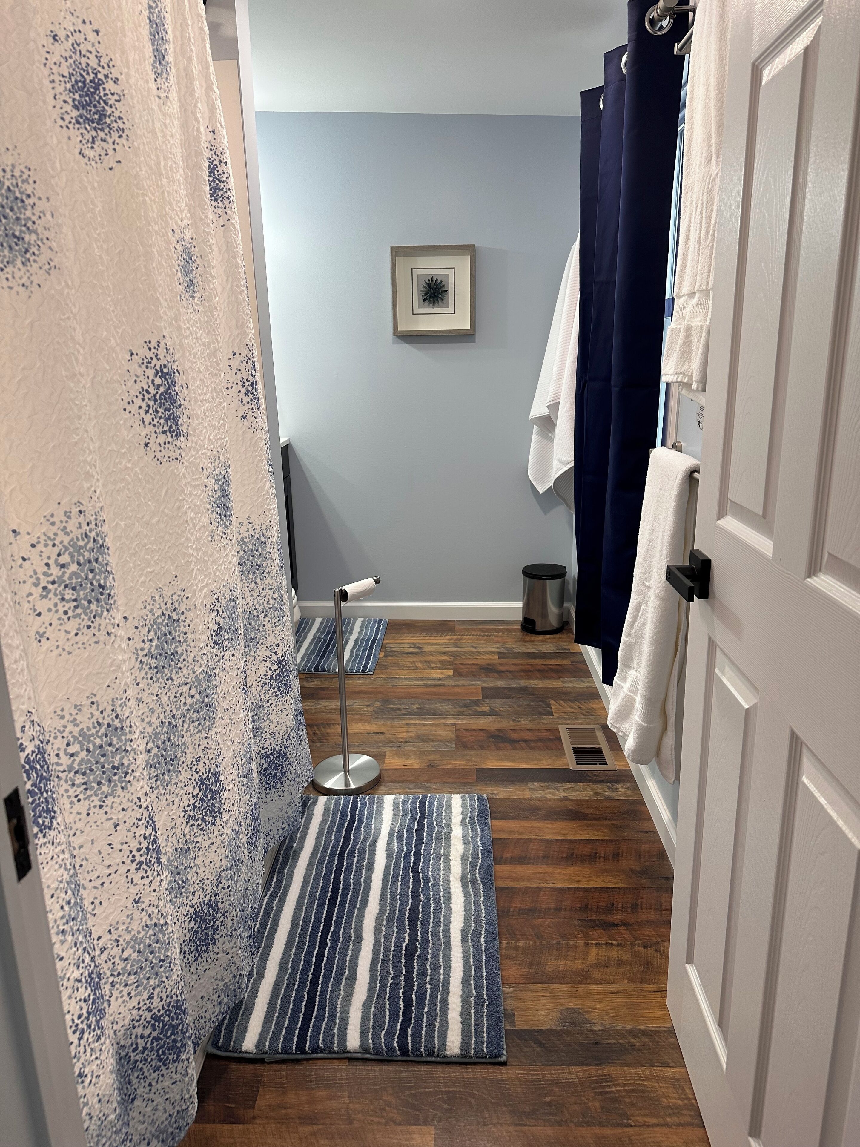 Hair dryer, towels, toilet paper