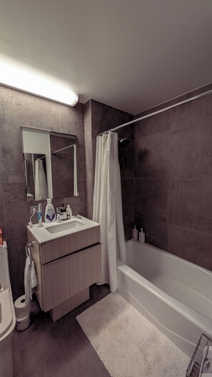 Hair dryer, towels, soap, toilet paper - Corner Studio with Large Windows, Beautiful NYC views. Modern Furnishing. (New York)