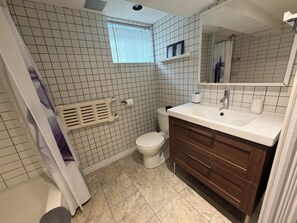 Hair dryer, towels, soap