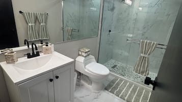 Ducha, secador de pelo, bidé y toallas