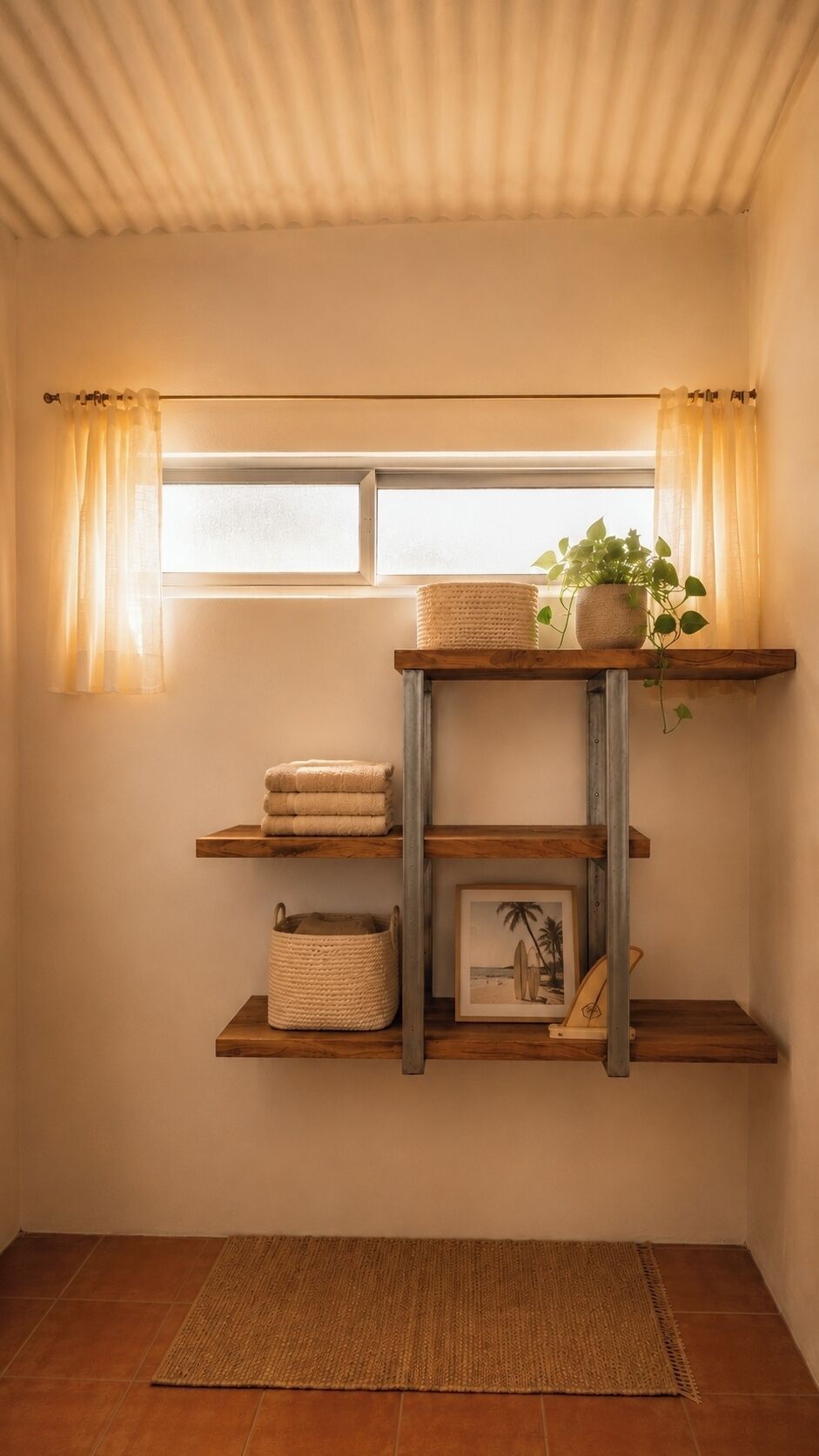 A room with a window, wooden shelves, a woven basket, a plant, and a framed picture.