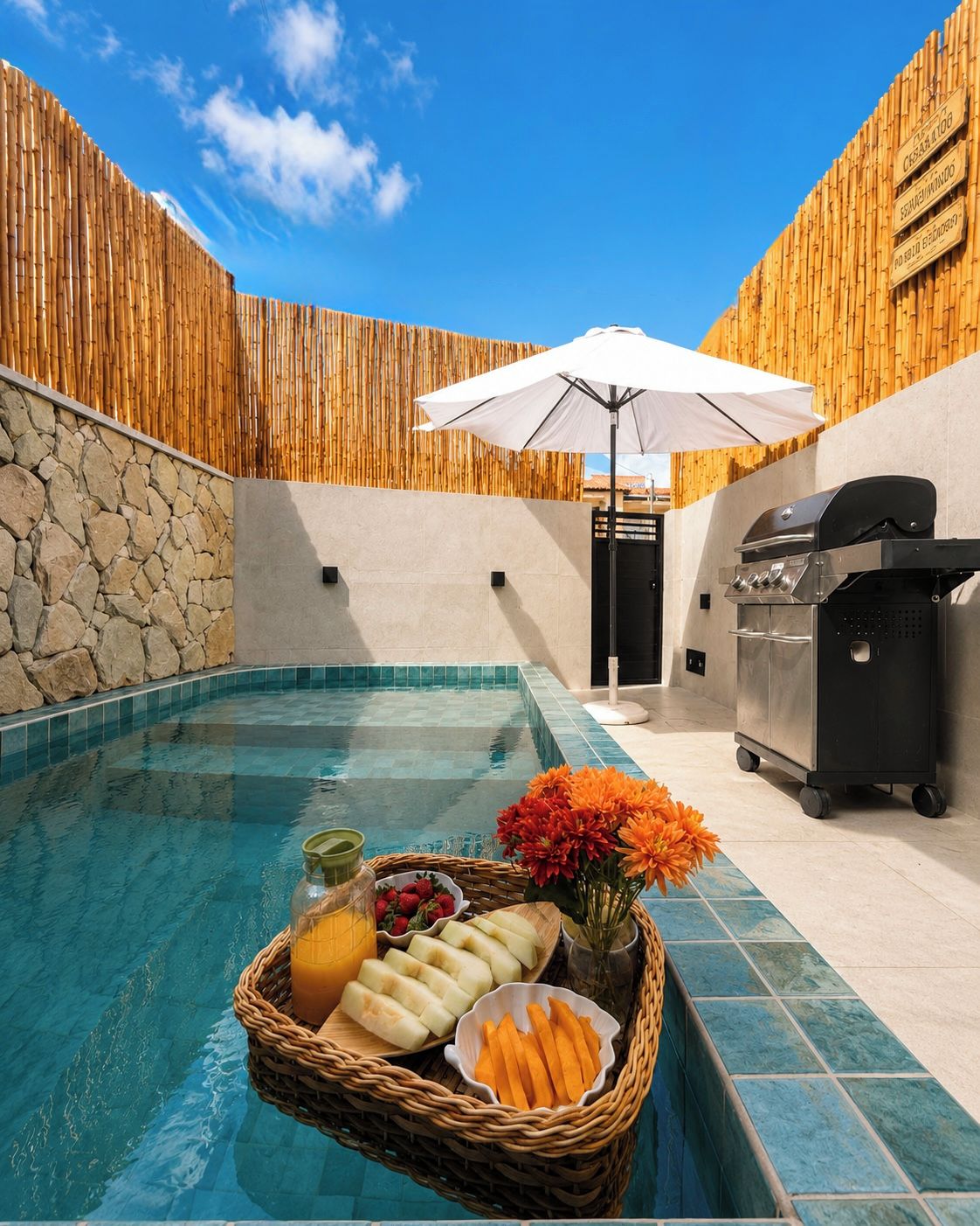 A swimming pool with a stone wall, a grill, and a basket of fruits and flowers.