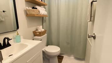 Hair dryer, towels, soap, shampoo
