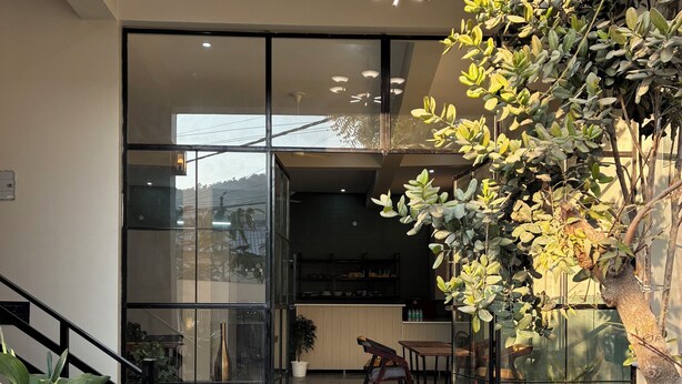 A modern interior with a staircase leading to a glass door, a dining area with chairs, and potted plants. - Casa garden Aamwala (Dehradun)