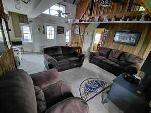 Smart TV, fireplace, books