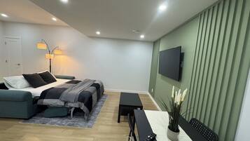 1 bedroom, desk, iron/ironing board, travel cot