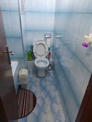 Hair dryer, bidet, towels, soap