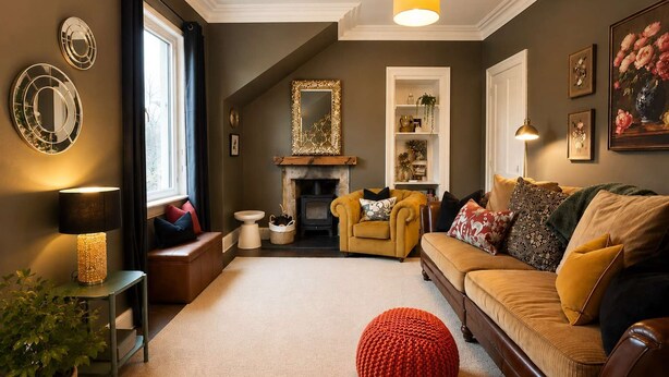 A cozy living room with a fireplace, a sofa, a coffee table, and a red pouf. - The Yellow Door, Inverness (Inverness)