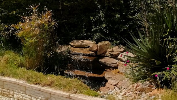 Un jardín con una cascada pequeña, rodeado de rocas y diversas plantas.
