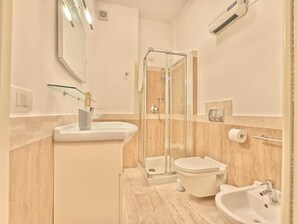Regadera, secadora de cabello, bidet, toallas 