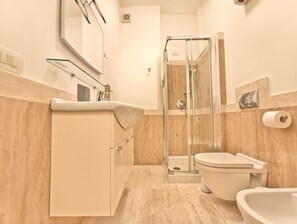 Regadera, secadora de cabello, bidet, toallas 