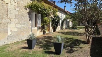 Une cour bordée de murs en pierre, agrémentée de plantes en pot et d’une pelouse.