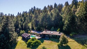 Une grande maison entourée d’une forêt dense, avec une piscine et un patio couvert.