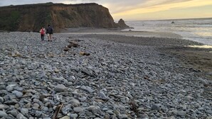 Une plage de galets avec une falaise en arrière-plan.
