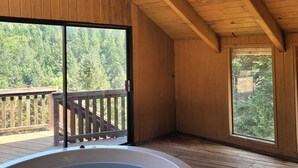 Une terrasse en bois avec un jacuzzi, de grandes fenêtres et une vue sur une forêt.