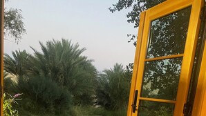 Une porte en bois qui donne sur une cour verdoyante, avec des arbres et un ciel dégagé.