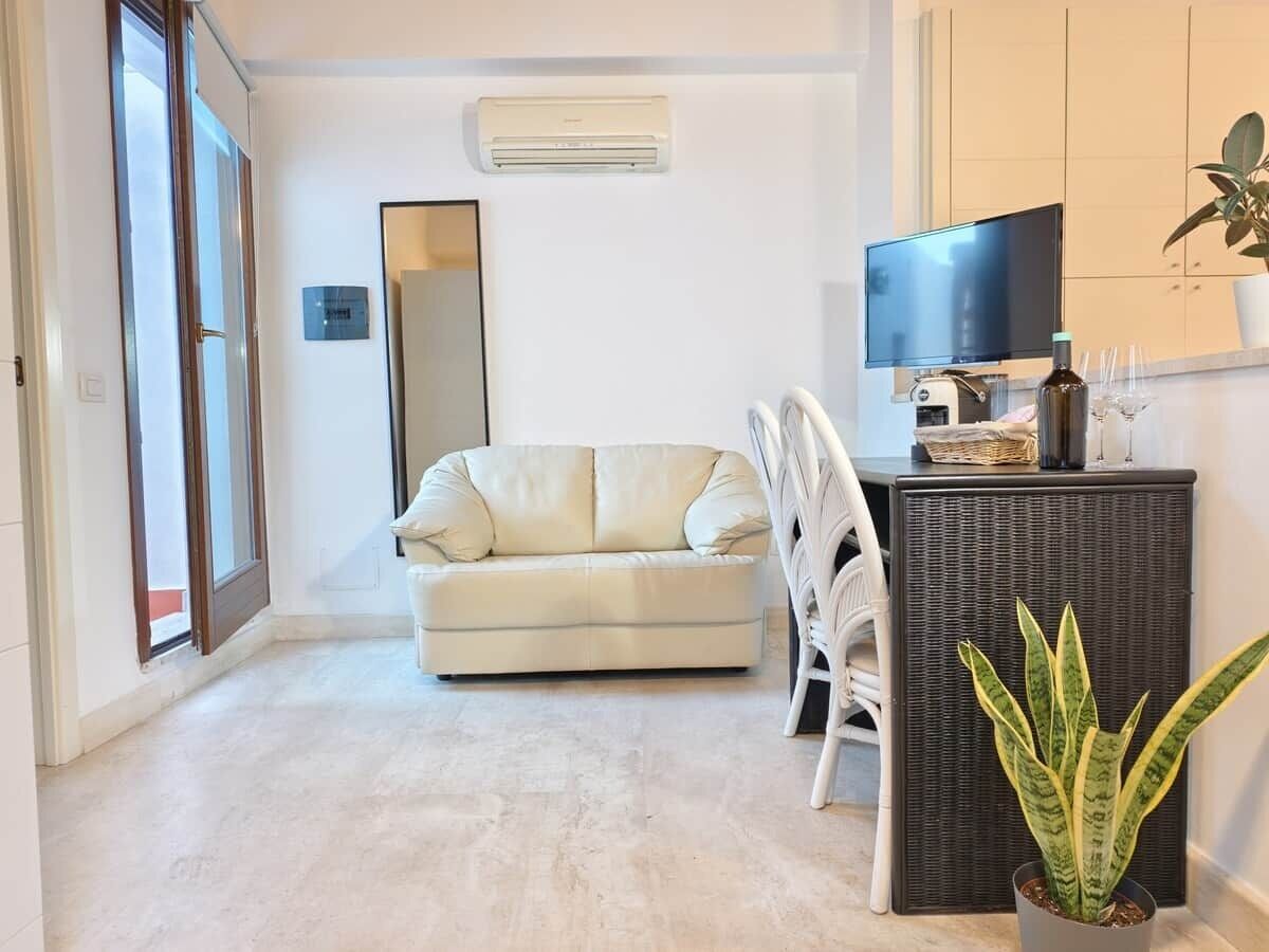 A living room with a sofa, a chair, a television, and a potted plant.