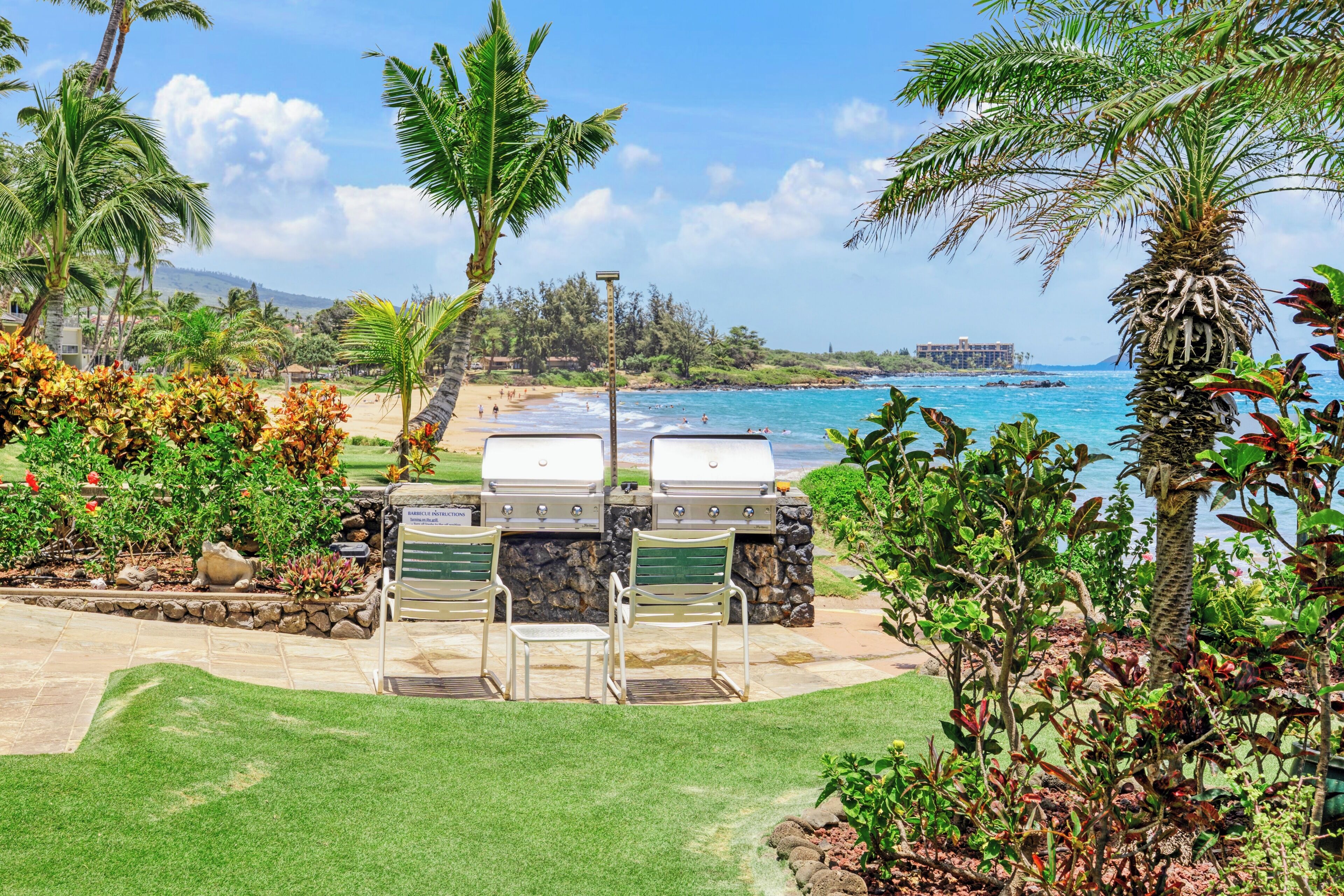 A patio with outdoor grills, a grassy area, and a view of the ocean.