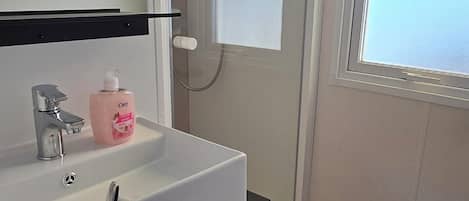 Shower, hair dryer, soap, toilet paper