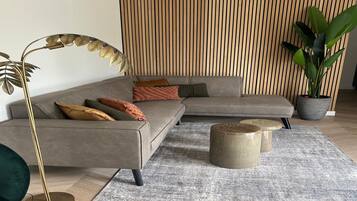A modern living room with a sectional sofa, a floor lamp, a potted plant, and a textured rug.
