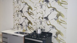 Une cuisine équipée d’une cuisinière à gaz, d’un évier et de meubles de rangement modernes.