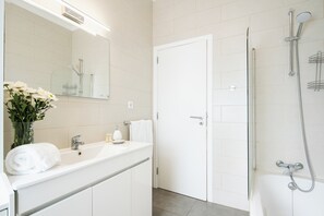Chuveiro, secador de cabelo, toalhas de banho, sabonete