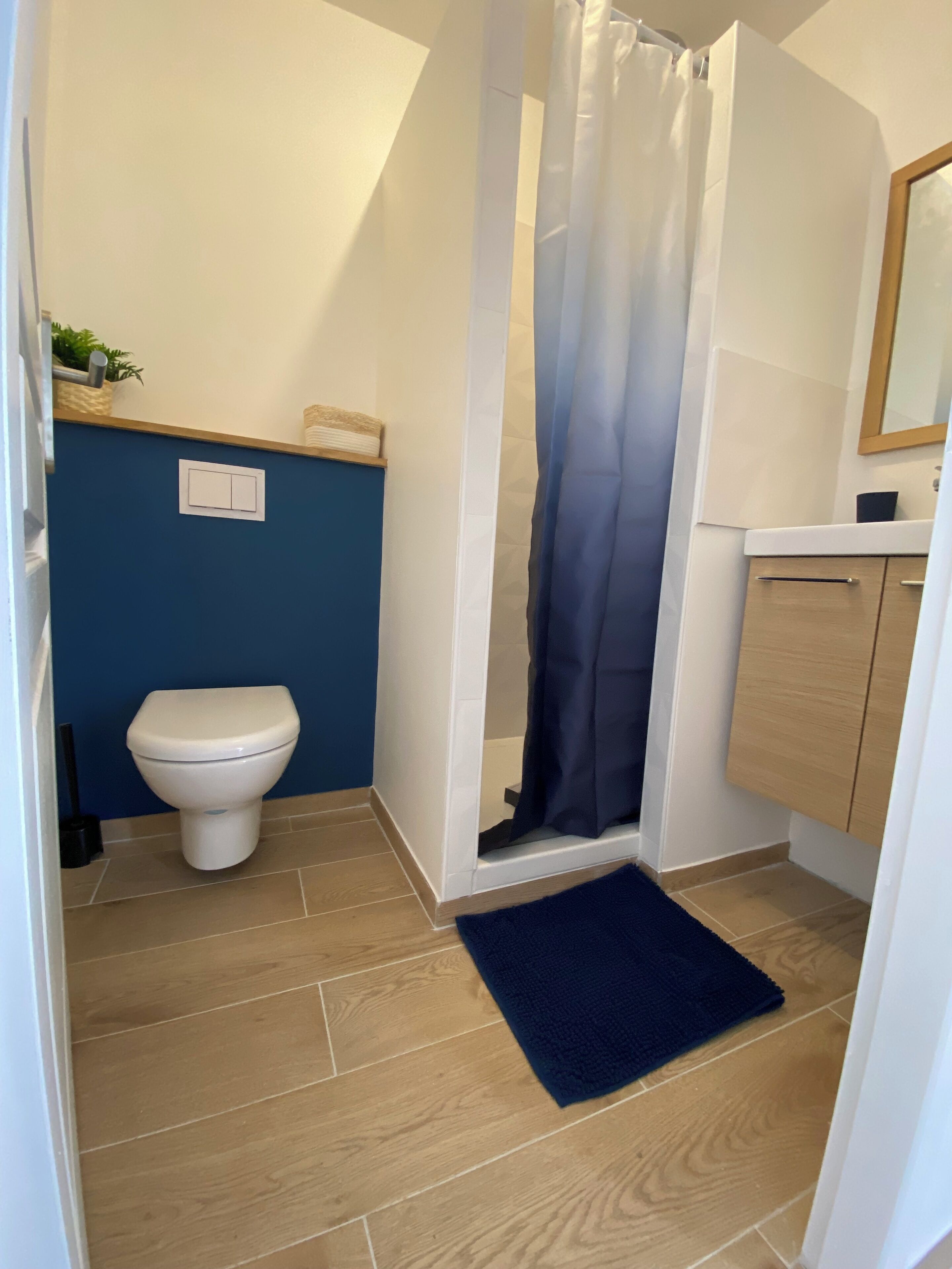 Shower, hair dryer, towels, toilet paper