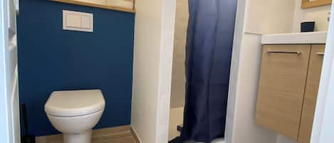 Shower, hair dryer, towels, toilet paper