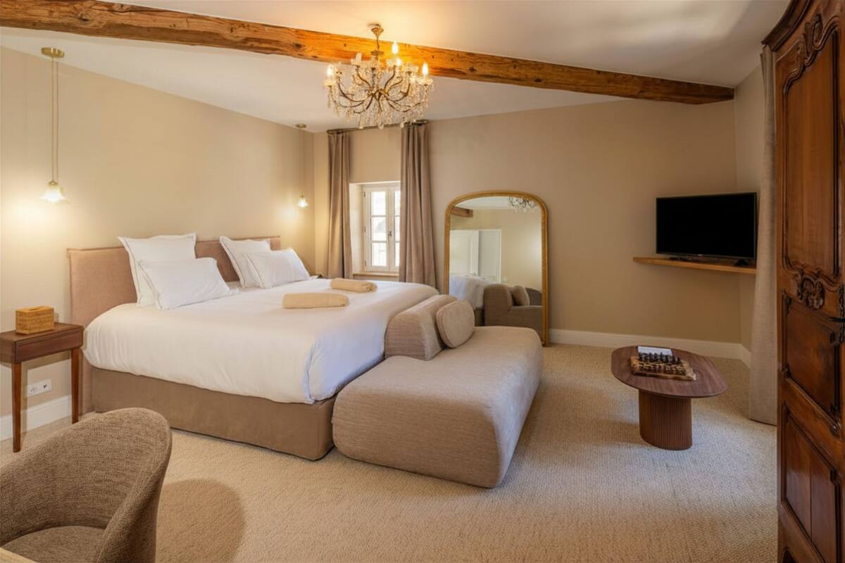 A bedroom with a large bed, a television, a mirror, and a chandelier.