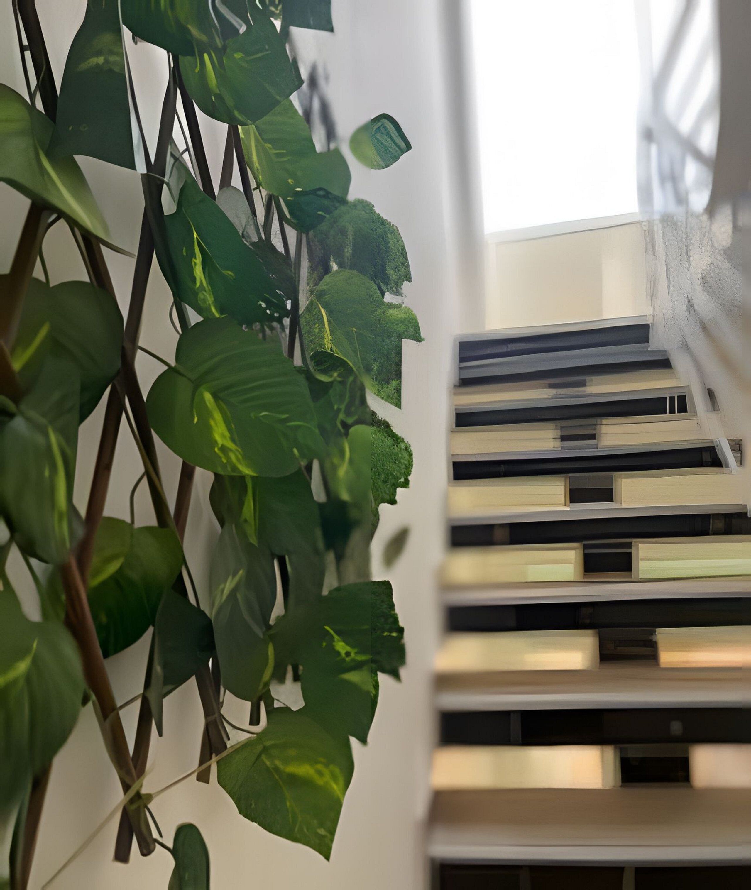 A staircase with a plant in the foreground.