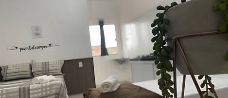 A hotel room with a bed, a small table, and a plant.