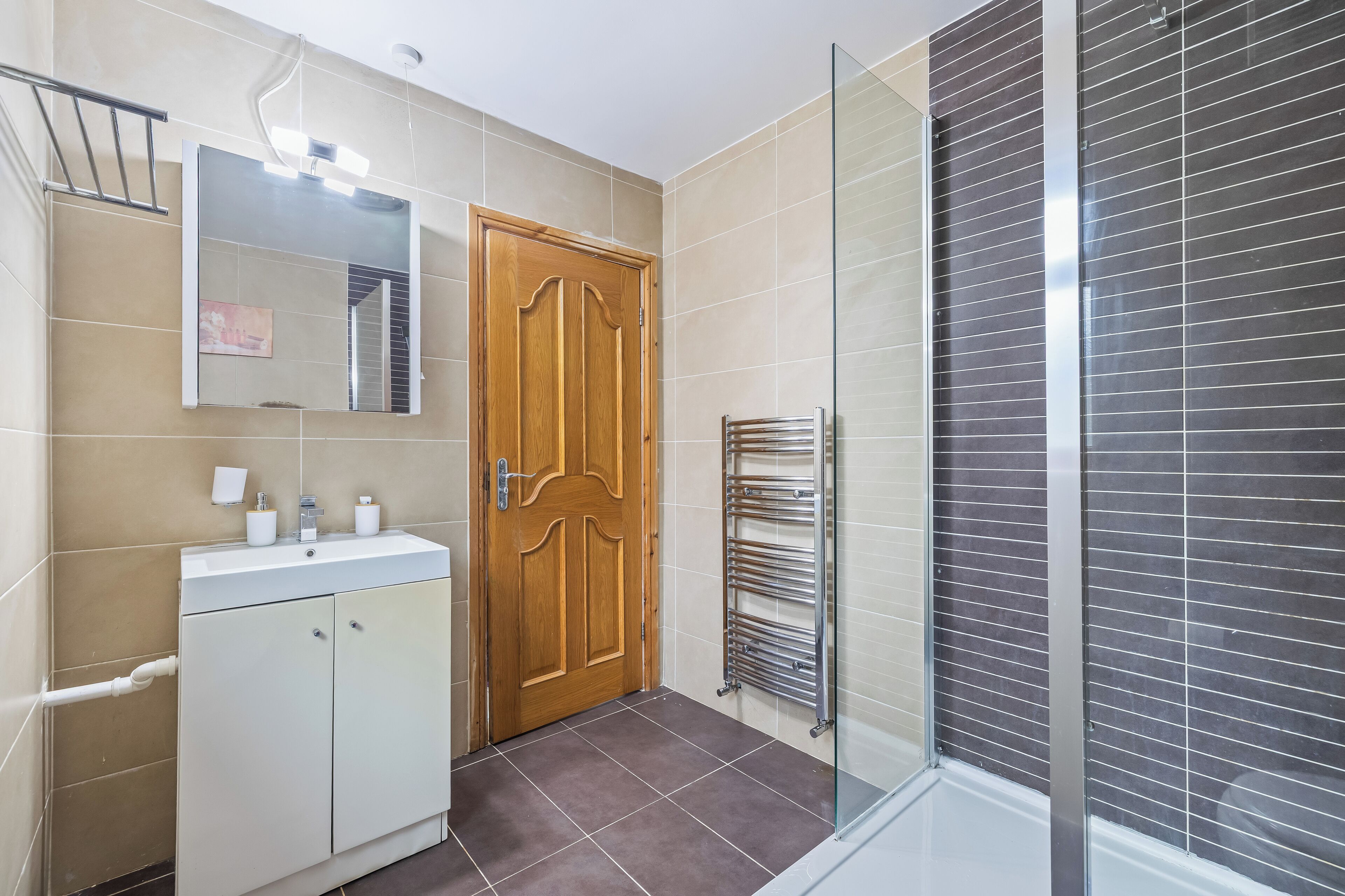 Shower, hair dryer, soap, toilet paper