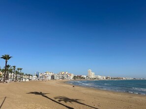 Una playa con cielo despejado, palmeras y edificios al fondo.