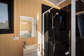 Shower, hair dryer, towels
