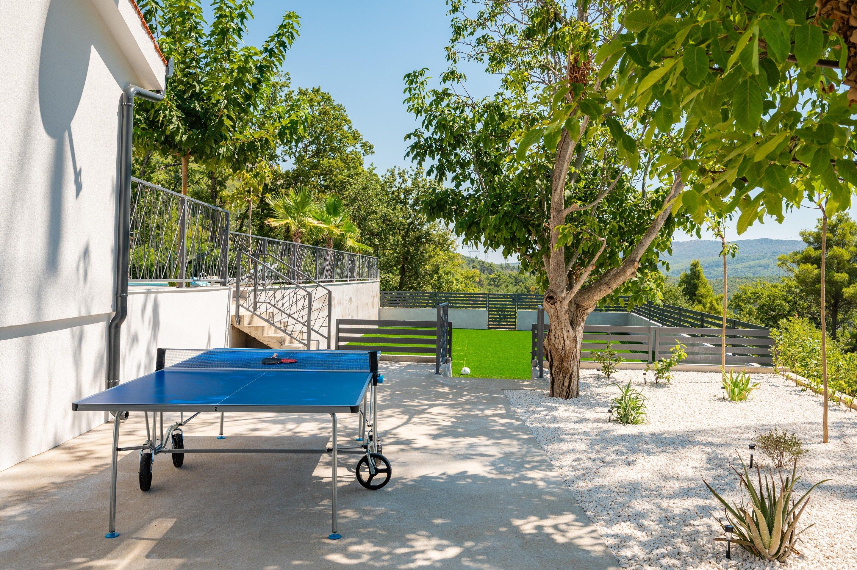Une table de ping-pong extérieure, dotée d’une rambarde en métal et offrant une vue sur un champ verdoyant et des arbres.