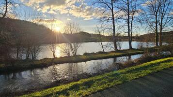 A paved path beside a calm lake with trees and a clear sky.