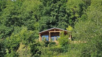Una baita di legno su una collina, immersa nel verde.
