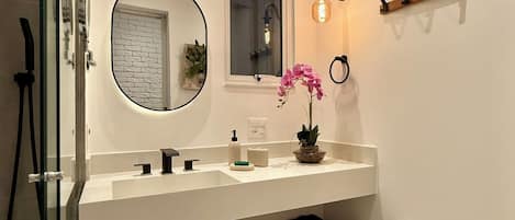 Shower, hair dryer, towels, soap