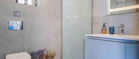 Shower, hair dryer, towels, toilet paper