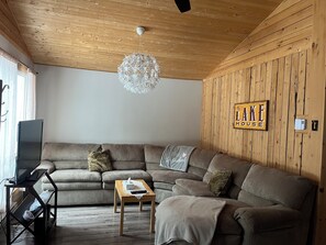 Smart TV, fireplace, books