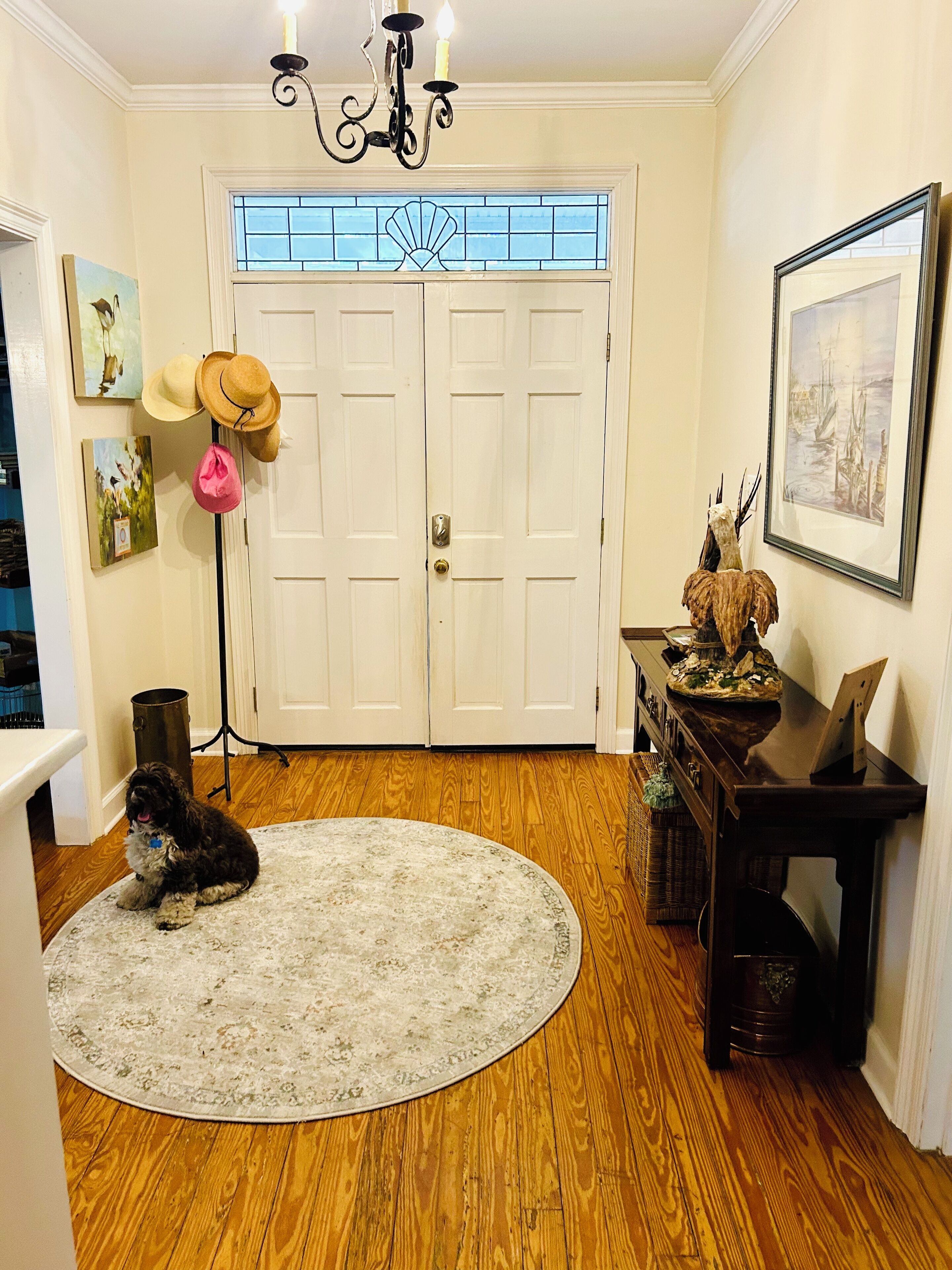 A room with a wooden floor, a white door with a stained glass window, a chandelier, a round rug, and a dog sitting on it.