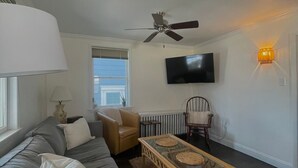 Un salon comprenant un canapé, un fauteuil et une table basse, un ventilateur de plafond, un téléviseur et une fenêtre avec des stores.