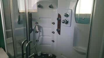 Hair dryer, towels, soap, toilet paper