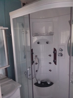 Hair dryer, towels, soap, toilet paper