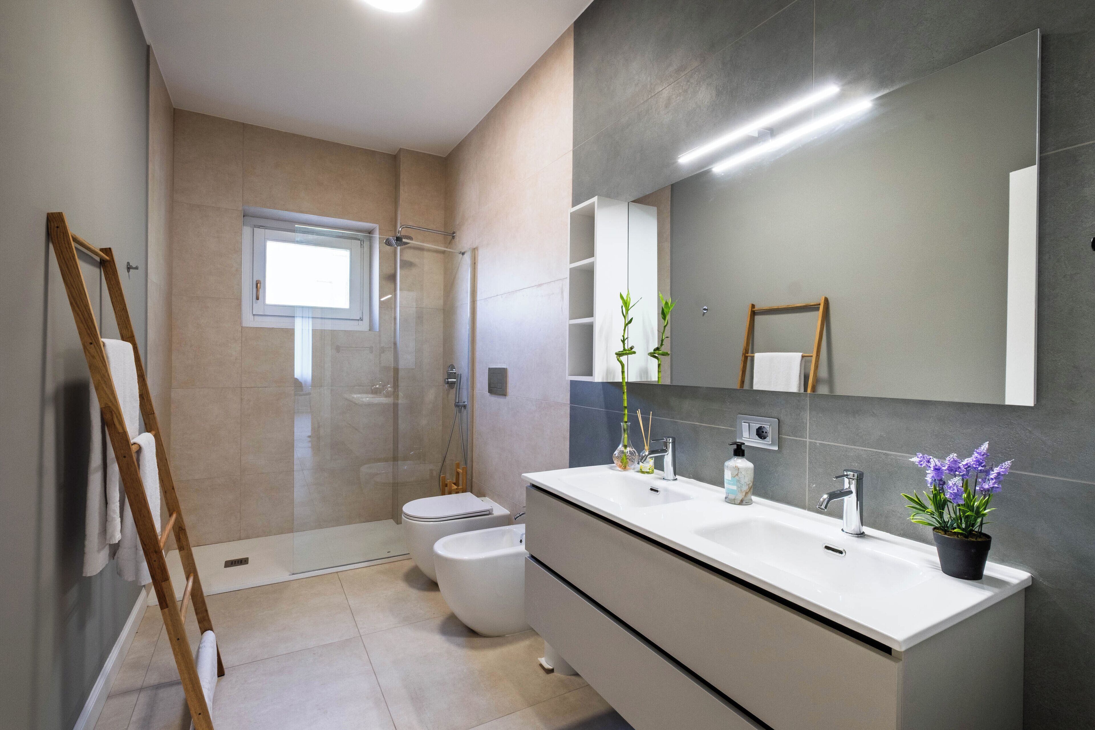 Shower, hair dryer, bidet, towels