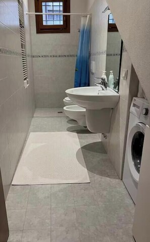Shower, hair dryer, bidet, towels