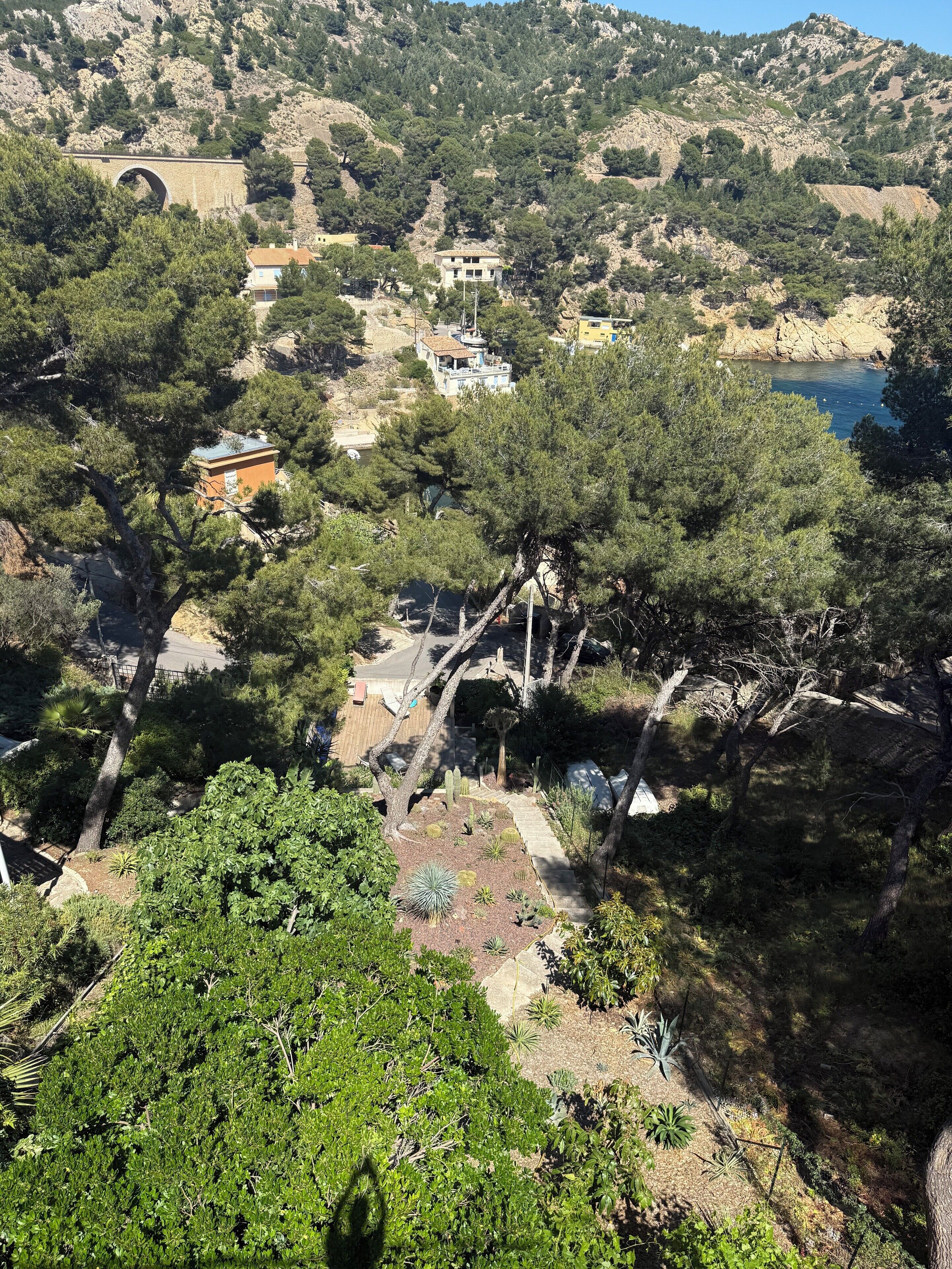 A coastal landscape with a stone bridge, houses, and dense greenery.