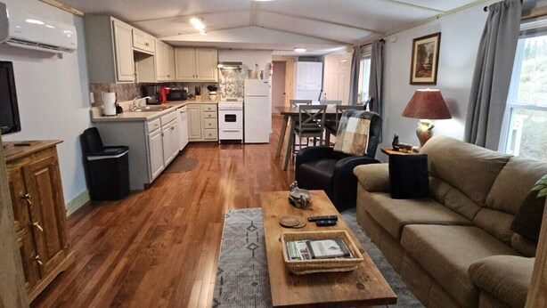 A compact living space with a kitchenette, a sofa, a coffee table, and a TV. - Creekside Delight-Lovely! 20 min to Asheville (Arden)