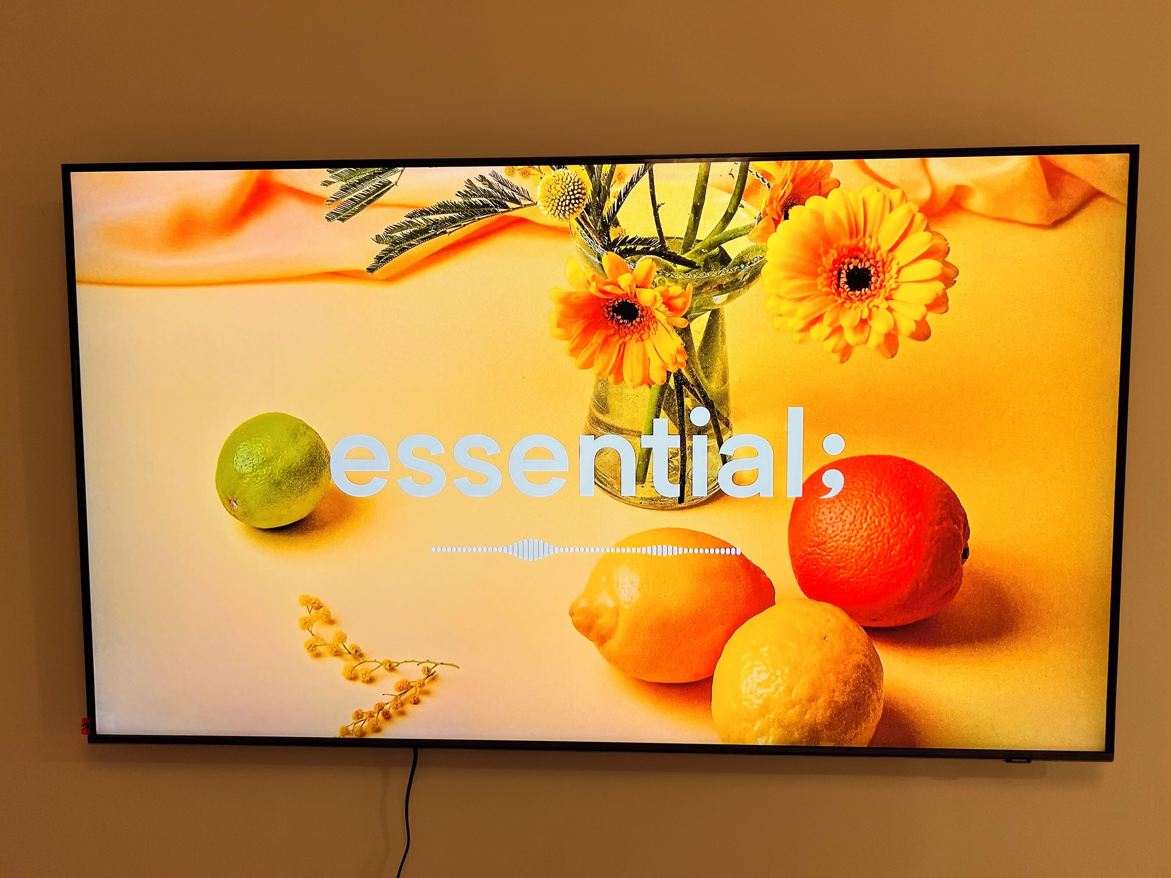 Ein Fernsehbildschirm zeigt ein lebhaftes Bild von Zitrusfrüchten und Blumen, mit dem Wort 'essential' deutlich sichtbar.