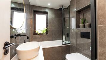Shower, hair dryer, towels